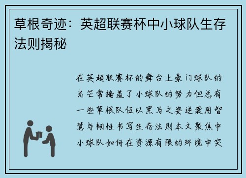 草根奇迹：英超联赛杯中小球队生存法则揭秘