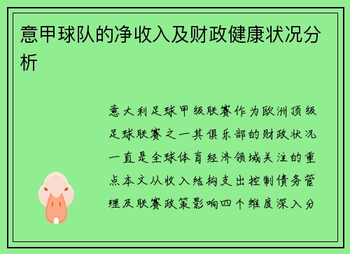 意甲球队的净收入及财政健康状况分析
